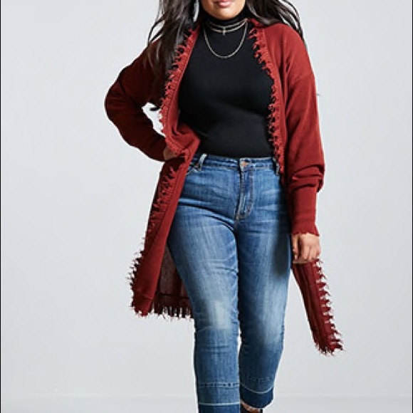 Forever 21 Sweaters - Frayed Trim Longline Cardigan